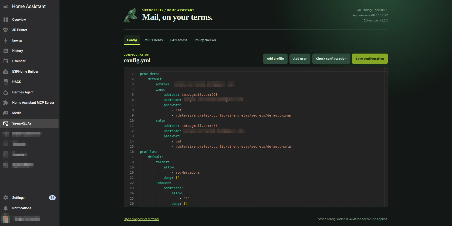 SirenoRELAY Home Assistant add-on configuration page, with tabs for configuration, MCP clients, LAN access, and policy checking.